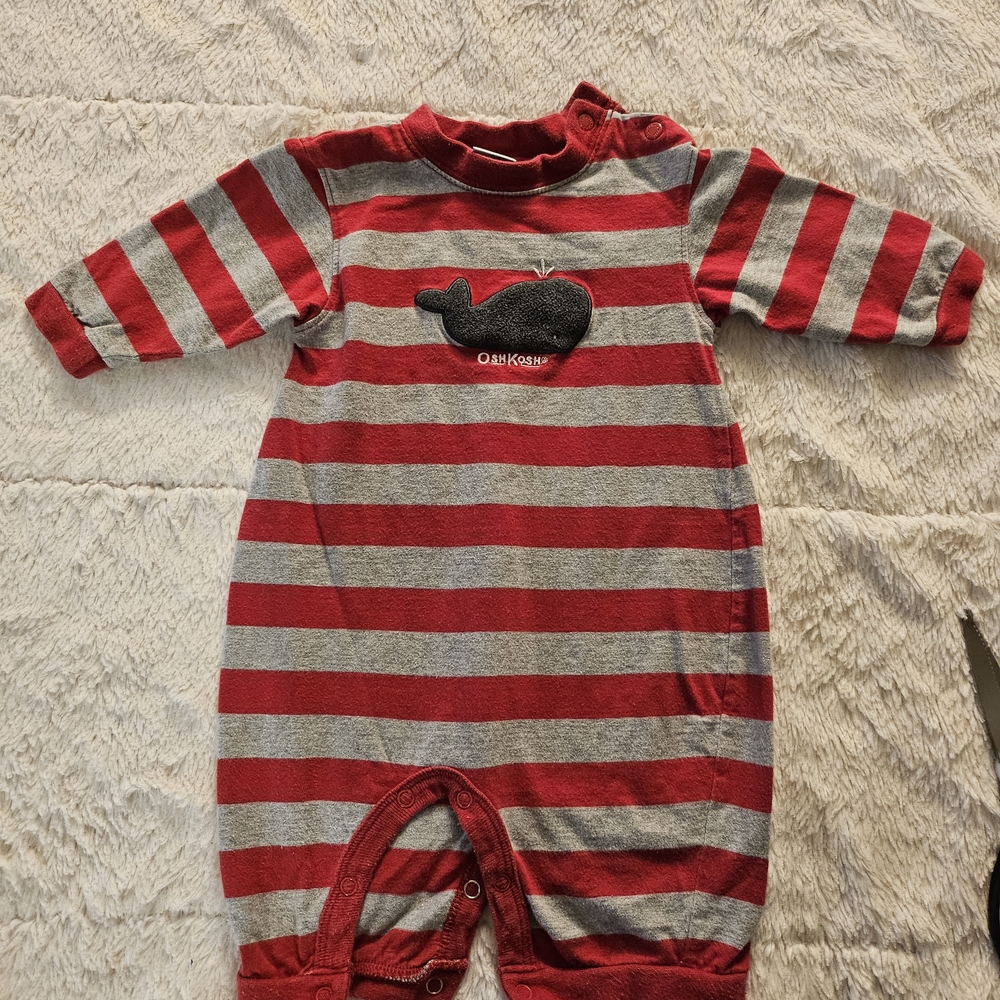 OSHKOSH B'GOSH BABY Red and Gray Striped Romper with A Whale On It 3-6 months